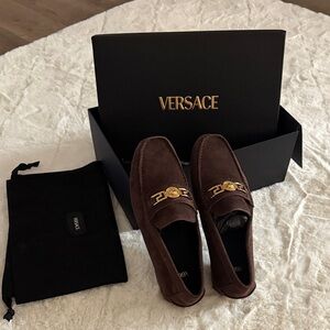 Versace Men's Dark Brown Loafers with Gold Accent